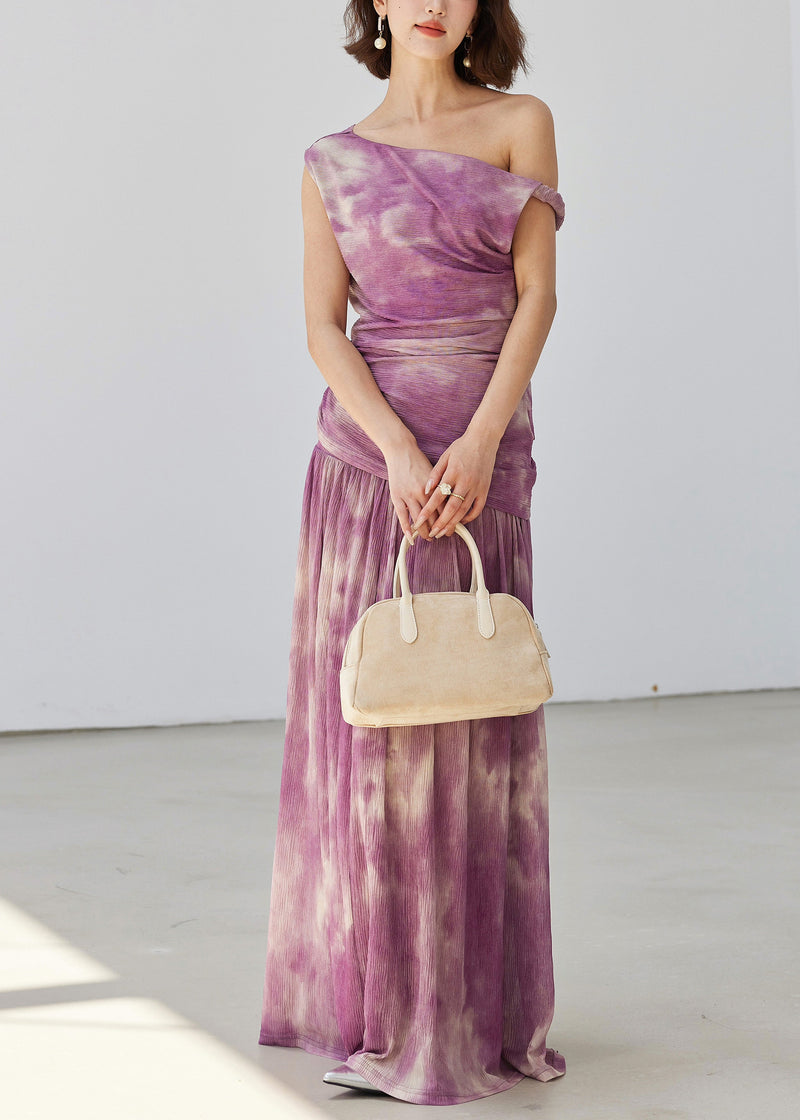 Purple Tie Dye Wrinkled Tulle Two Pieces Set Sleeveless