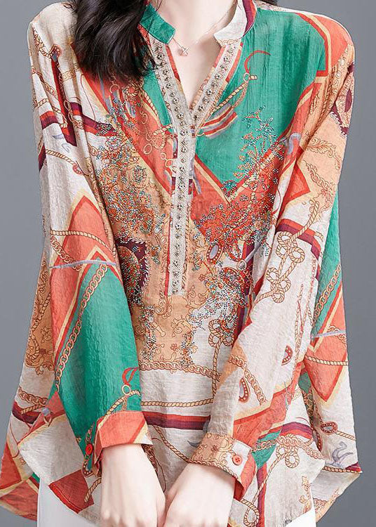 Colorblock V Neck Zircon Print Cotton Shirt Tops Spring