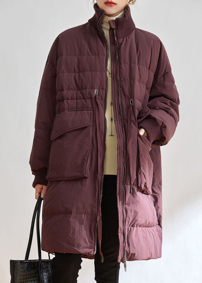Purple Stand Collar Zippered Duck Down Down Coat Winter