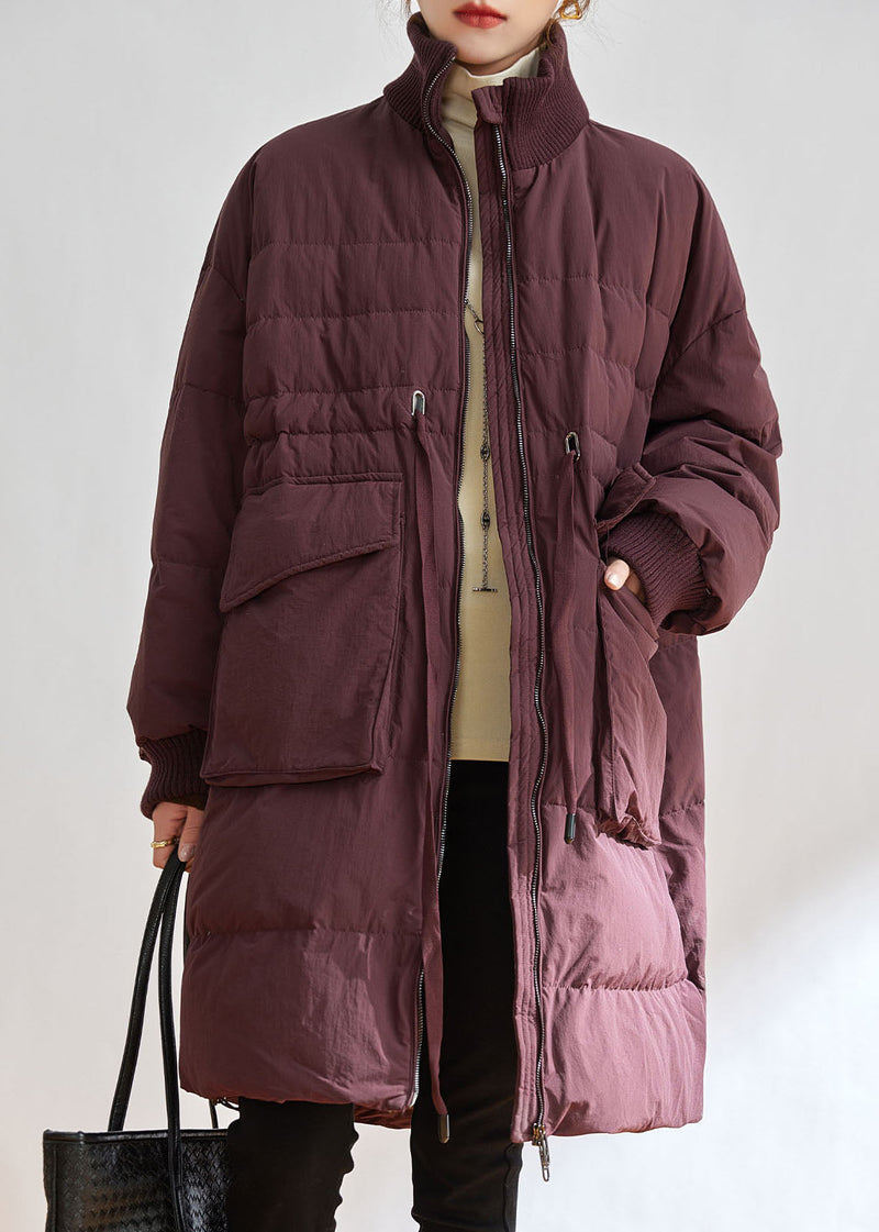 Purple Stand Collar Zippered Duck Down Down Coat Winter