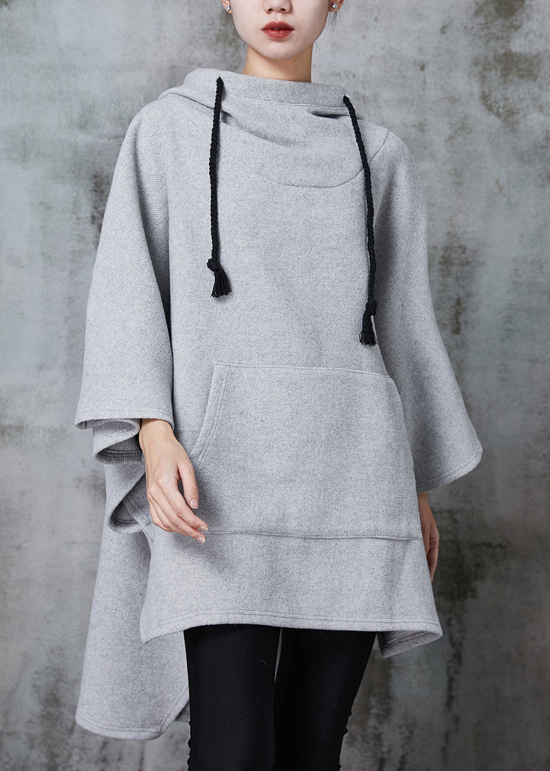Grey Oversized Cotton Sweatshirts Dress Hooded Batwing Sleeve