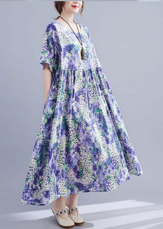Purple O-neck Print Patchwork Long Dress Short Sleeve