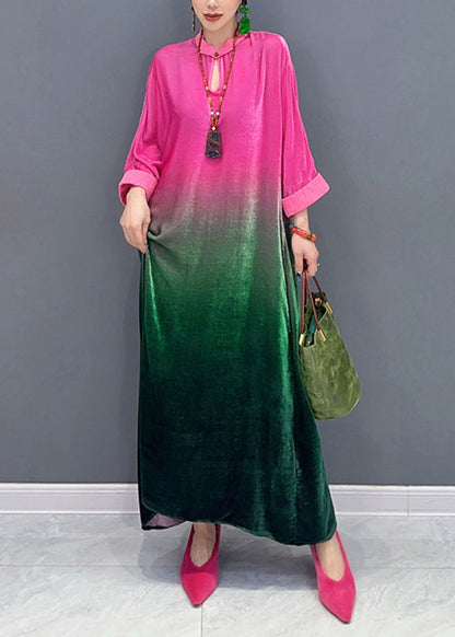 Gradient Color Stand Collar Silk Velour Maxi Dresses Fall
