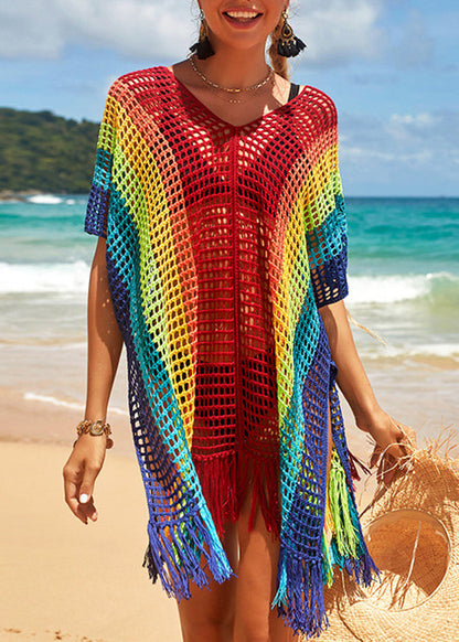 Loose Rainbow V-neck Hollow Out Knit Cover Up Swimwear