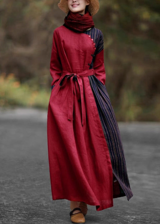 Red Pockets Tie Waist Patchwork Cotton Long Dresses Spring