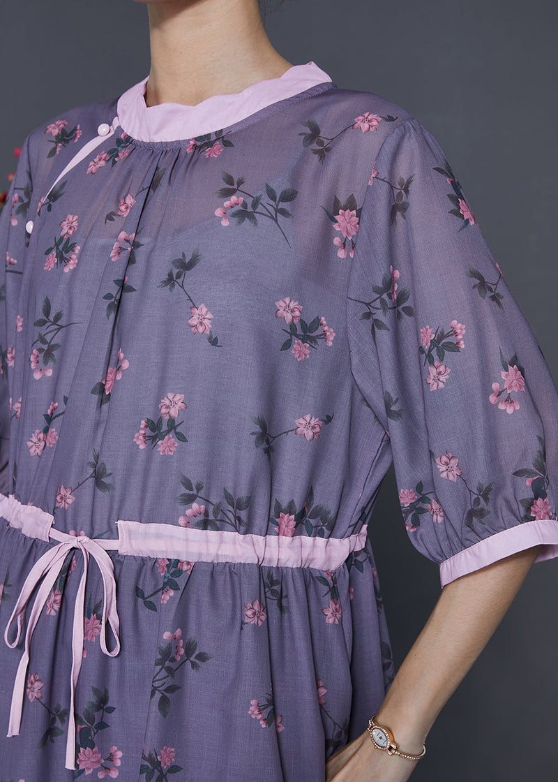 Handmade Dull Purple Cinched Print Linen Dress Summer