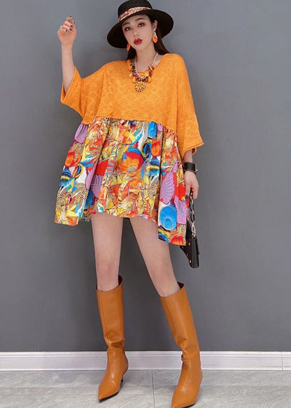 Modern Orange O-neck Patchwork Print Loose Mid Dress Bracelet Sleeve