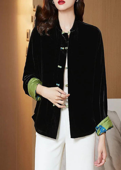 Black Stand Collar Oriental Button Warm Silk Velour Coats Winter
