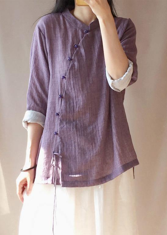 French Purple Tops Blouses Stand Collar Button Down Clothing Blouse