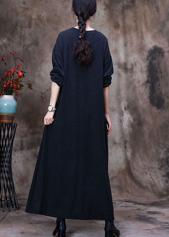 Art Dark Grey O-neck Side Open Asymmetrical Velour Long Dresses Spring