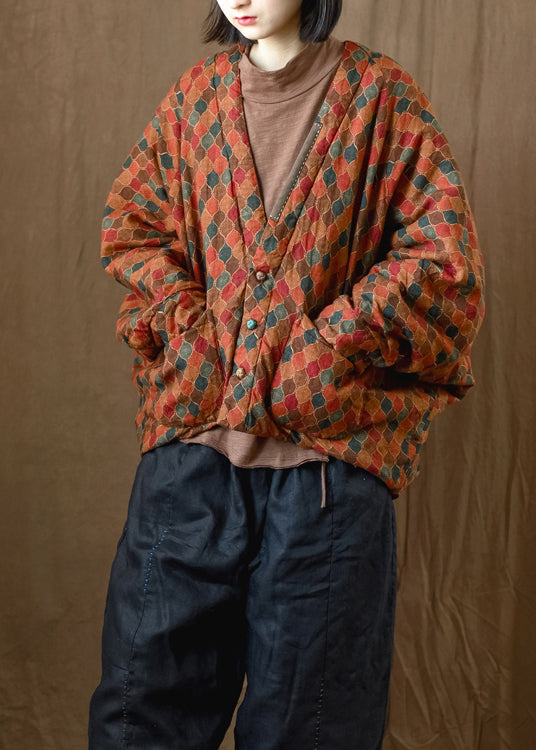 Handmade Orange V Neck Print Pockets Fine Cotton Filled Jacket Batwing Sleeve