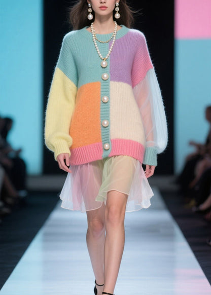 Colorblock O Neck Tulle Patchwork Knit Dress Fall