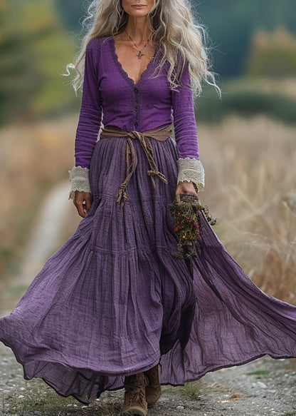 Purple V Neck Wrinkled Patchwork Cotton Robe Dresses Spring