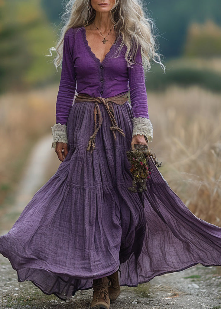Purple V Neck Wrinkled Patchwork Cotton Robe Dresses Spring