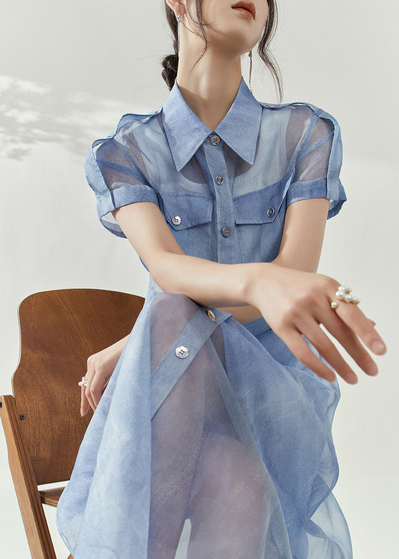 Stylish Blue Peter Pan Collar Button Tulle Shirts and Maxi Skirts Two Piece Set Summer