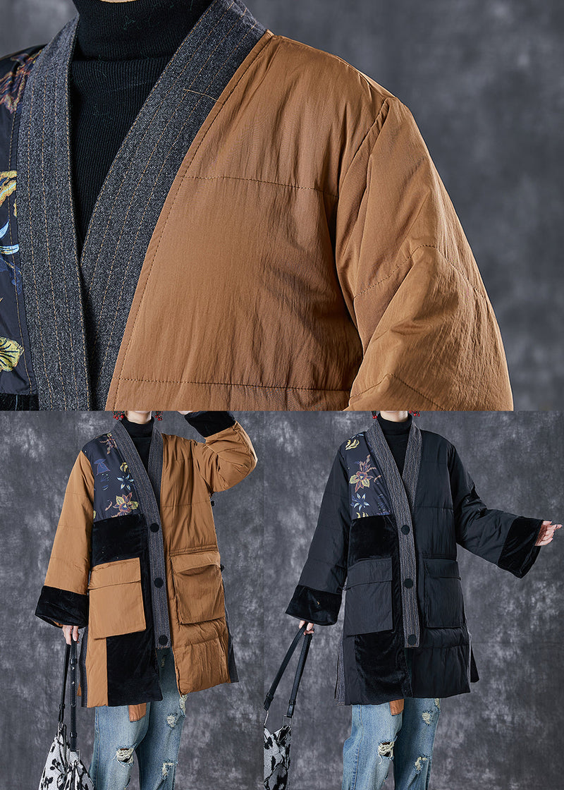Coffee V Neck Patchwork Pockets Fine Cotton Filled Jackets Winter