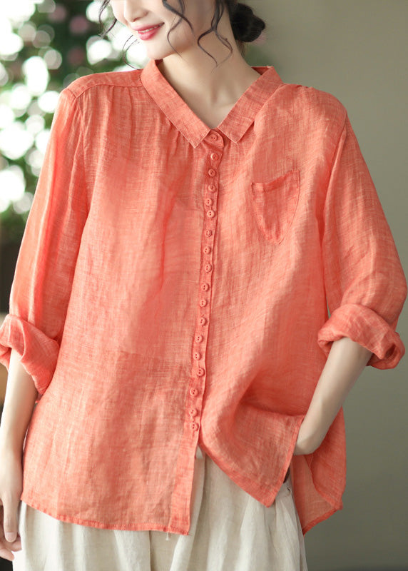 Purple Peter Pan Collar Button Linen Shirt Long Sleeve