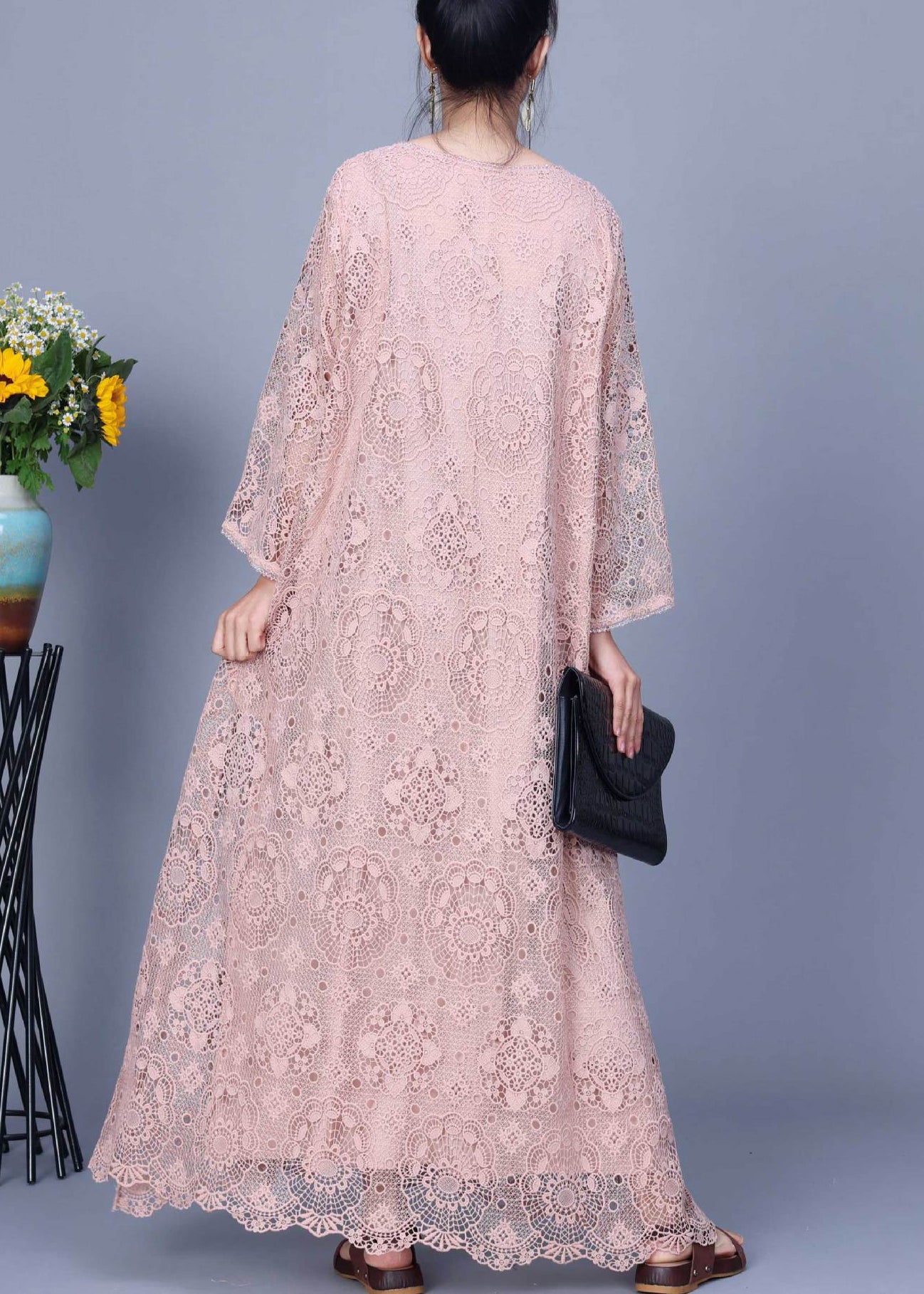 Pink Embroidered Hollow Out Lace Long Dress Spring