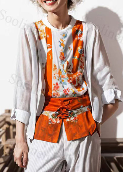 Stylish Orange O-neck Print Patchwork Fake Two Pieces Shirts Long Sleeve