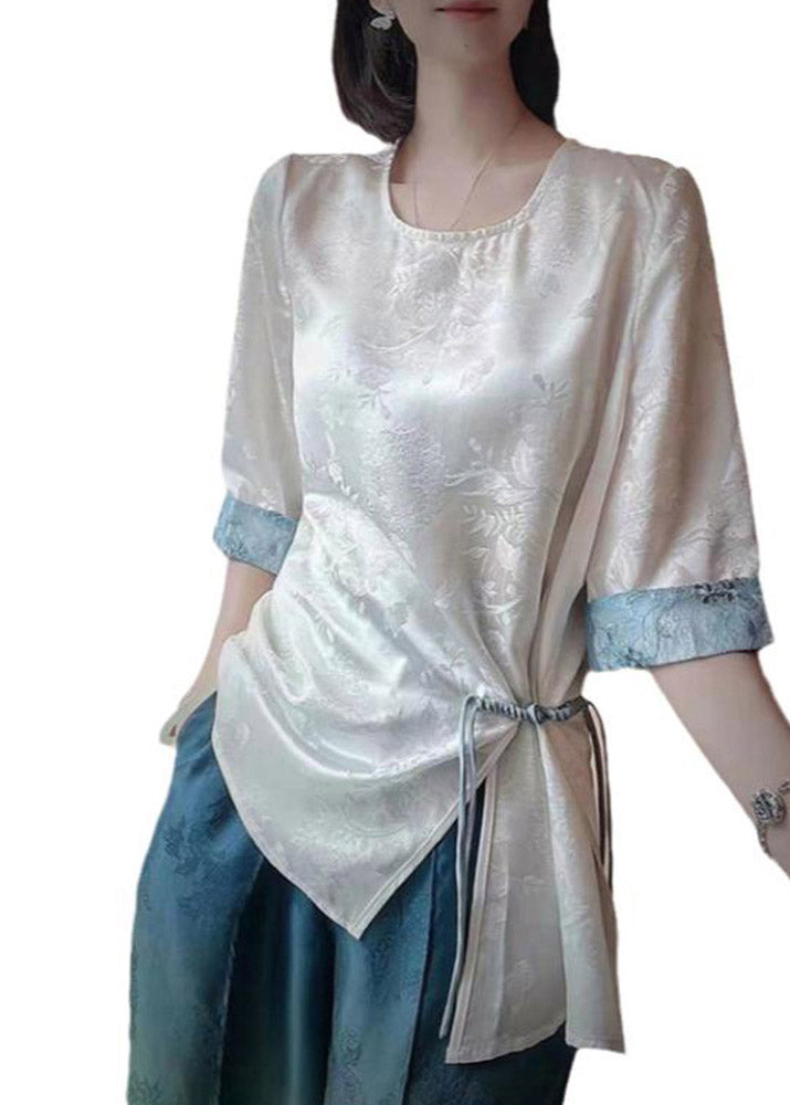 White O-neck Asymmetrical Print Patchwork Drawstring Shirt Bracelet Sleeve