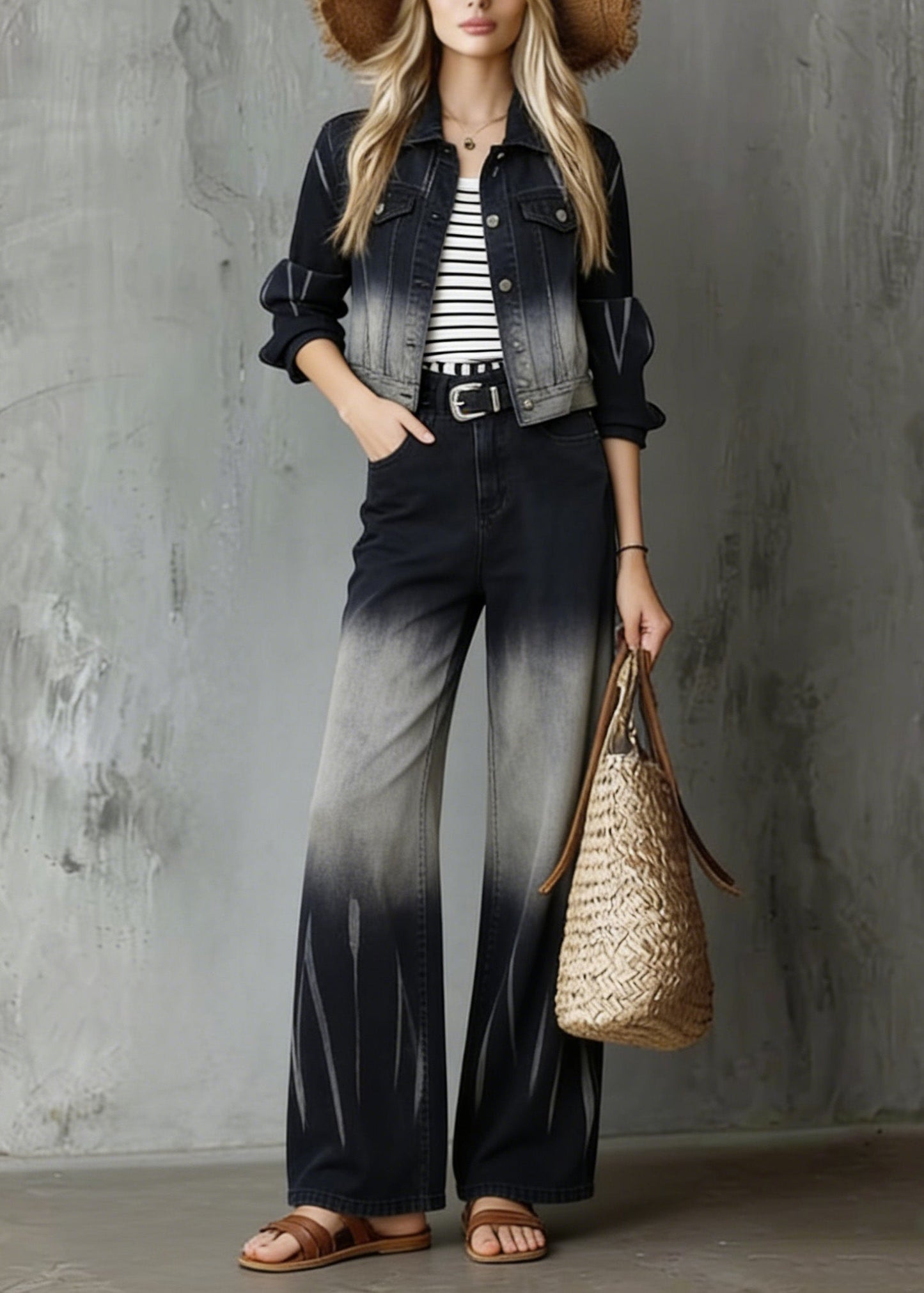 Gradient Color Peter Pan Collar Denim Two Pieces Set Spring