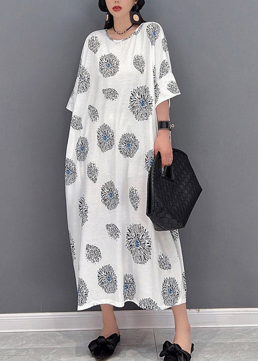 White O-neck Print Long Dress Half Sleeve