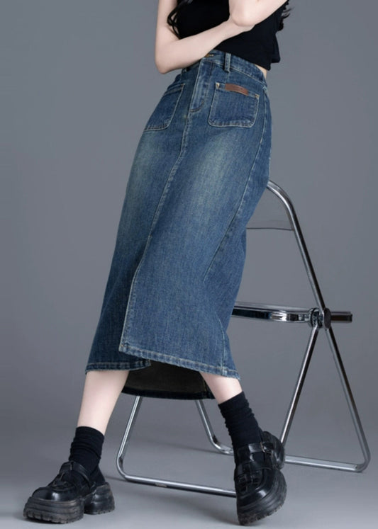 Italian Blue Side Open Silm Fit Denim a Line Skirt Spring