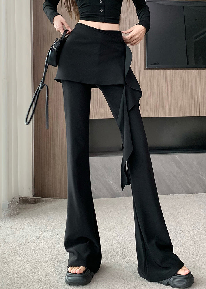 Black Asymmetrical Ruffled Spandex Flare Bottoms Spring
