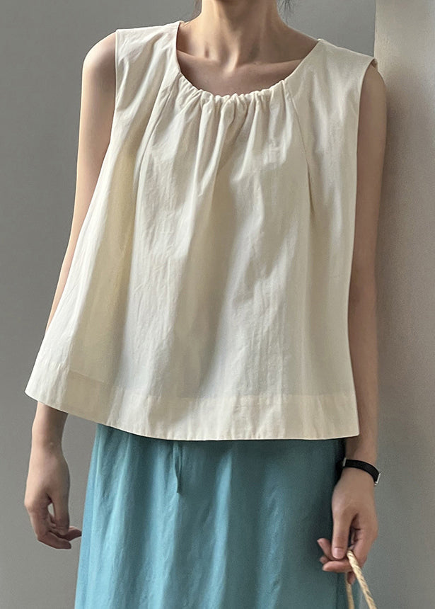 Beige Button Cotton Tops O-neck Summer
