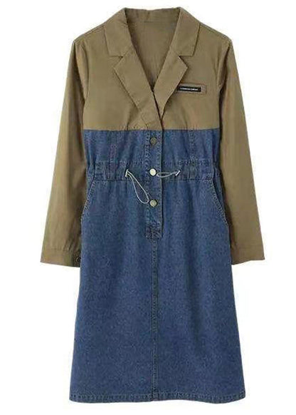 Colorblock Drawstring Pockets Patchwork Dresses Long Sleeve