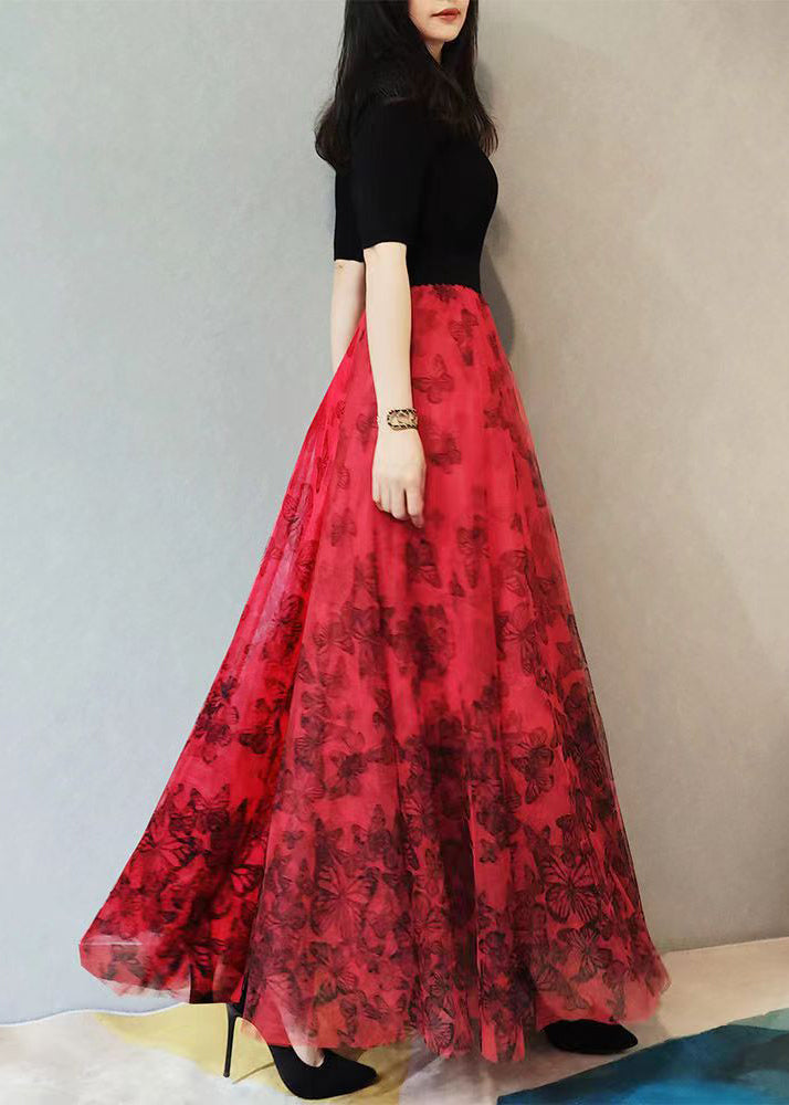 Red Print High Waist Exra Large Hem Tulle Skirts Spring