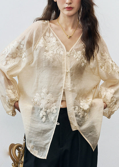 Beige V Neck Embroidered Silk Blouse Tops Fall