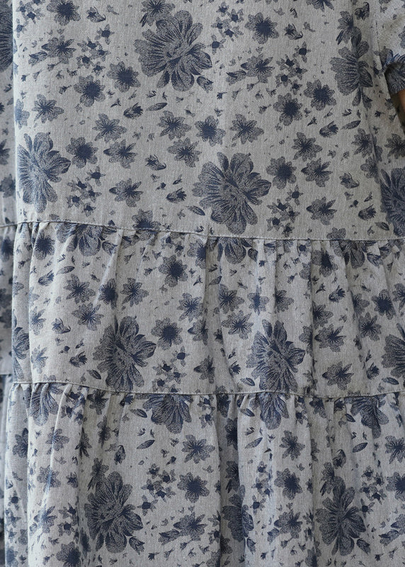 Natural Grey O-neck Patchwork Print Linen Long Dress Short Sleeve