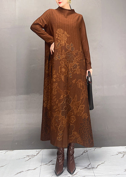 Brown Stand Collar Print Long Dresses Fall