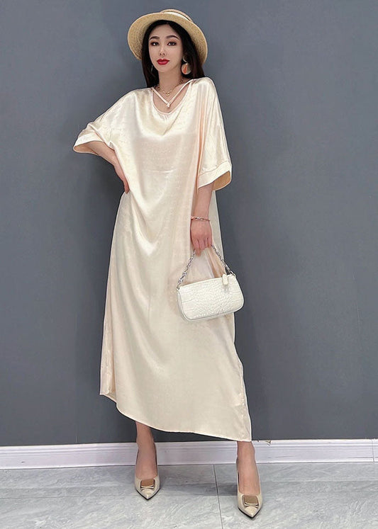 Beige O-neck Oversized Tie Waist Silk Long Dress Half Sleeve