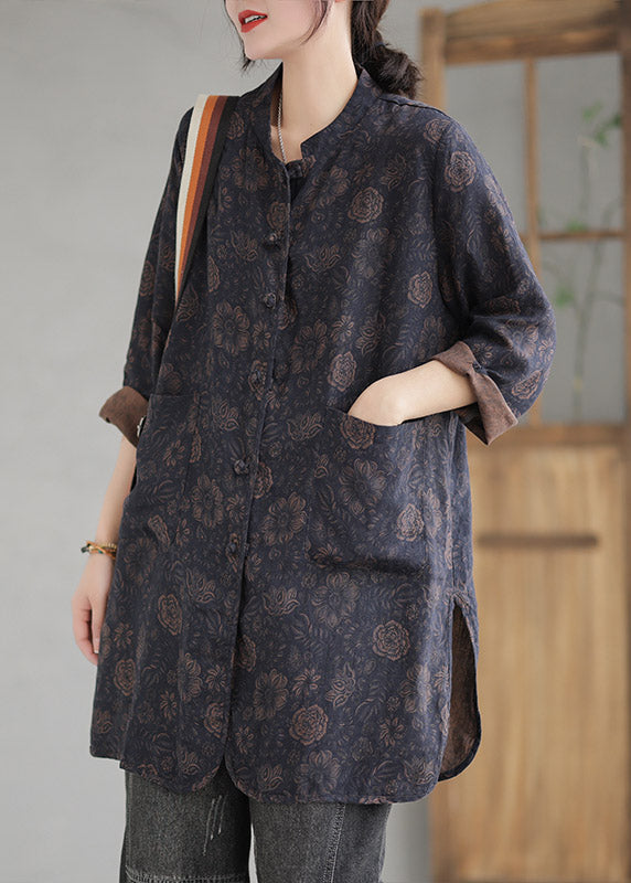 Coffee Stand Collar Print Button Linen Coat Long Sleeve