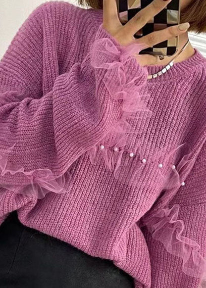 Purple Tulle Patchwork Nail Bead Fall Knit Sweaters