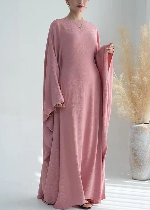 Loose Pink O Neck Ice Silk Maxi Dresses Batwing Sleeve