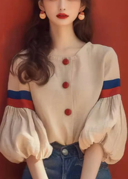 Art Apricot O-neck Patchwork Cotton Blouse Lantern Sleeve