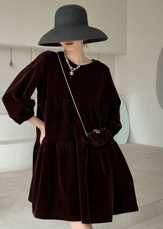 Chocolate O-neck Velour Vacation Dress Spring