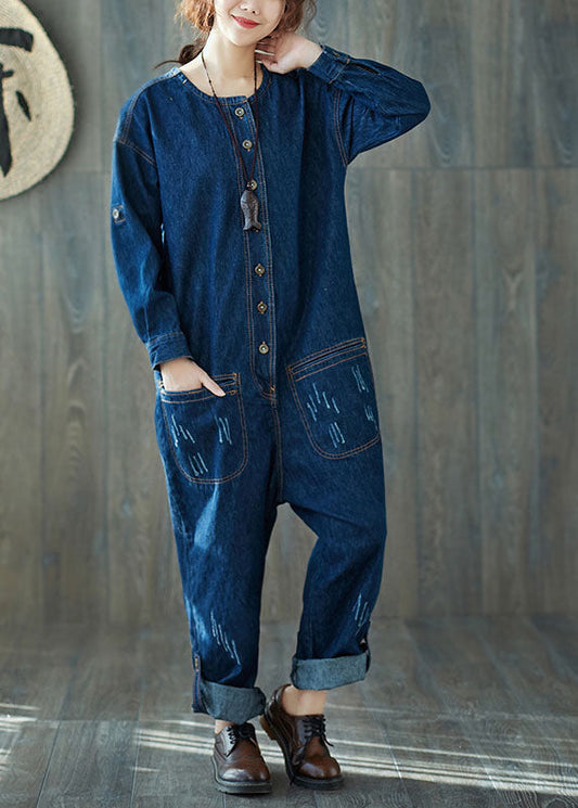 Dark Blue O-neck Pockets Denim Jumpsuits Spring