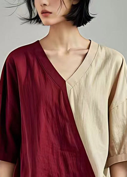Wine Red V Neck Asymmetrical Linen Top Batwing Sleeve