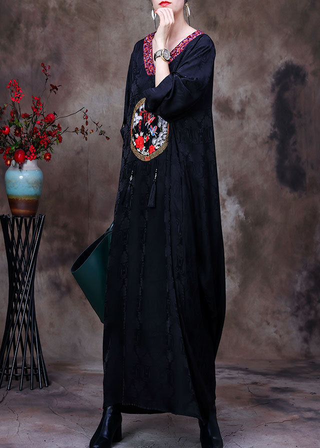 Black V Neck Butterfly Embroideried Tassel Silk Long Dresses Long Sleeve