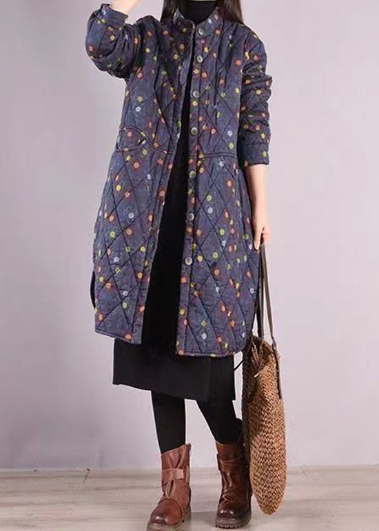 Blue Stand Collar Pockets Patchwork Fine Cotton Filled Coat Winter