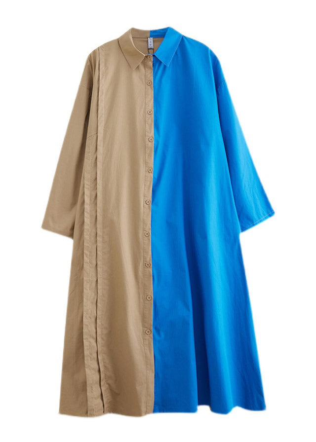 Loose Blue Peter Pan Collar Button Asymmetrical Design Pockets Shirt Dresses Spring