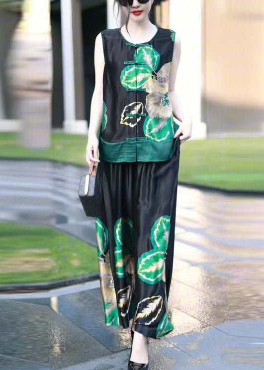 New Black Print Tank and Wide Leg Pants Silk Two Pieces Set Sleeveless