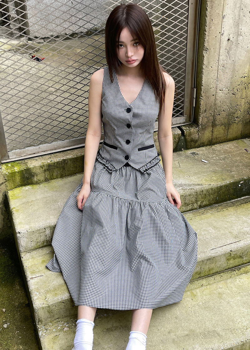 Natural Black White Plaid V Neck Patchwork Waistcoat and Maxi Skirts Two Pieces Set Summer