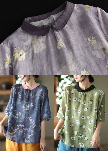 Blue Print Patchwork Linen Tops Peter Pan Collar Colorblock Short Sleeve