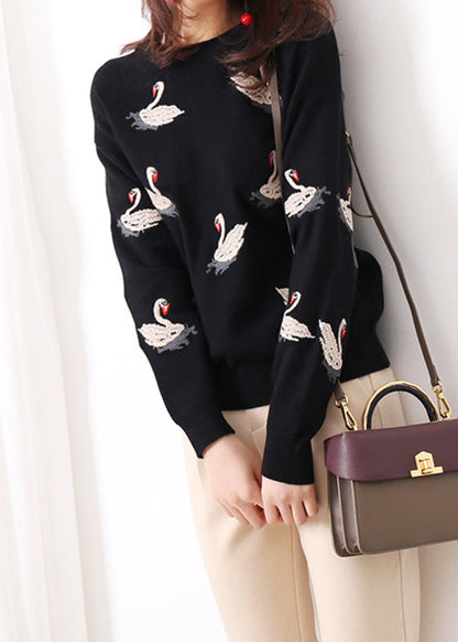 French Black O Neck Embroideried Knit Shirt Sweaters Long Sleeve