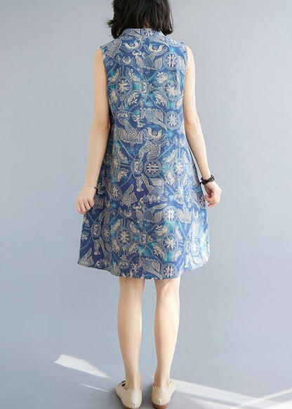 Loose Blue Print Oriental Summer Cotton Dress